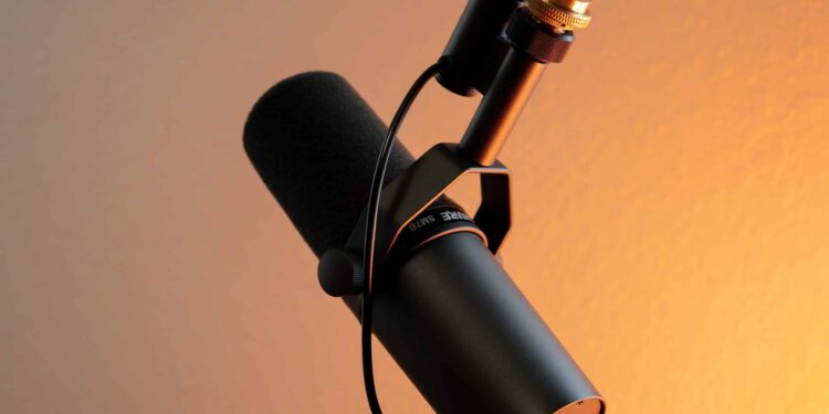 Microfone preto com suporte em um fundo amarelado