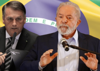 Lula e Bolsonaro com Bandeira do Brasil ao fundo