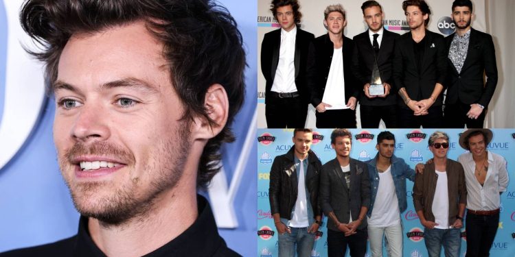 Harry Styles, cantor que saiu da One Direction para o estrelato solo, ganhou 3 Grammys e tem uma fortuna de US$ 120 milhões e o grupo One Direction - Créditos: depositphotos.com / s_bukley - Créditos: depositphotos.com / Jean_Nelson - Créditos: depositphotos.com / Image Press Agency