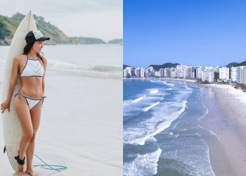 Brasileiros comemoram o destino que é um paraíso para os surfistas e amantes do mar no litoral paulista