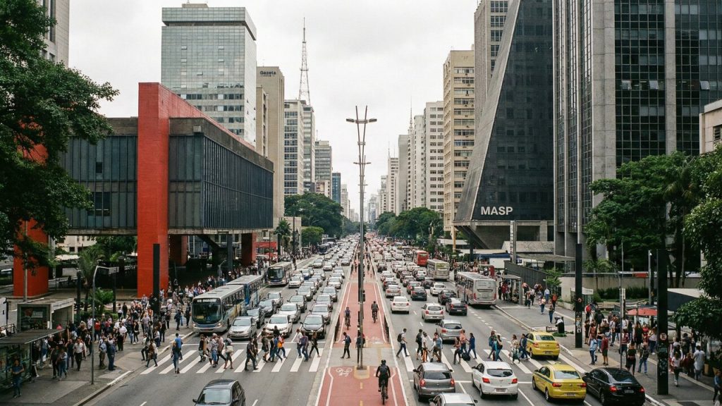 Avenida de 2,8 km vira o coração financeiro e cultural do Brasil; com seus arranha-céus e museus, ela se transforma em parque aos domingos