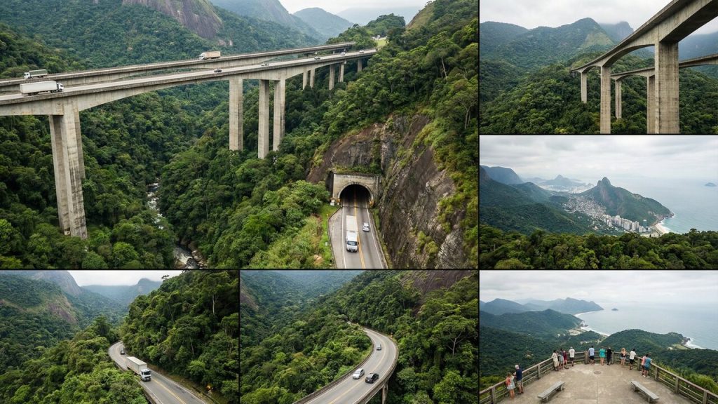 Rodovia histórica ganha fama por sua engenharia na Serra do Mar; são 53 viadutos e 11 túneis vencendo a Mata Atlântica em um trajeto ousado