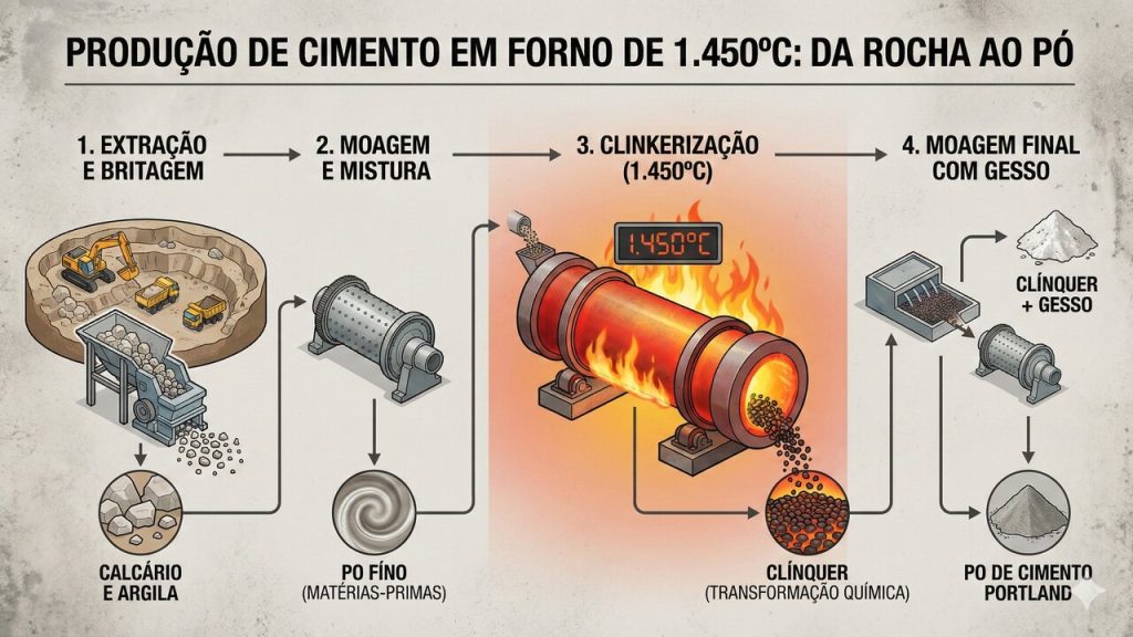 Com fornos a 1.450 °C e a moagem de rochas, é assim que a indústria transforma calcário no pó cinza que ergue nossas cidades