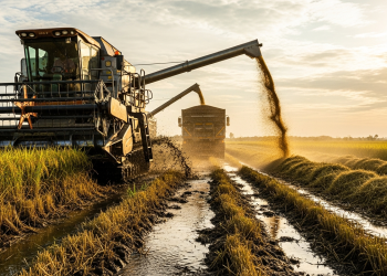 Com máquinas de 11 toneladas e transferência em movimento, megaoperação no campo revela como o arroz sai da lama para chegar ao seu prato