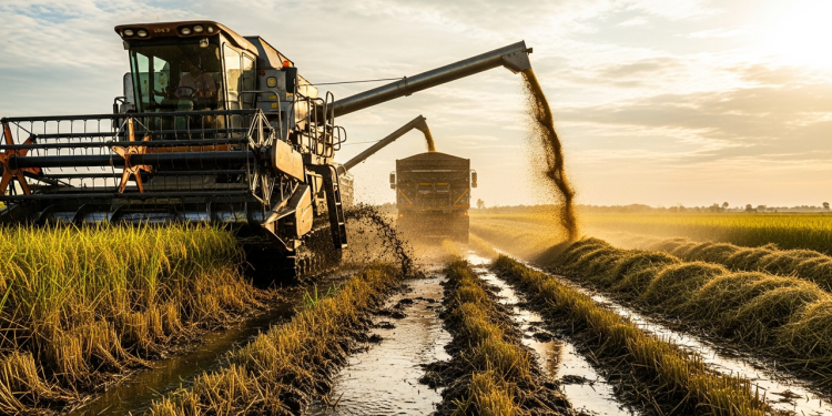 Com máquinas de 11 toneladas e transferência em movimento, megaoperação no campo revela como o arroz sai da lama para chegar ao seu prato
