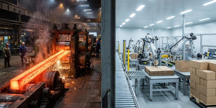 Metal incandescente esticado como chiclete: a força bruta da fábrica de vergalhões e o contraste hipnotizante com a automação que dobra e cola caixas de papelão em segundos