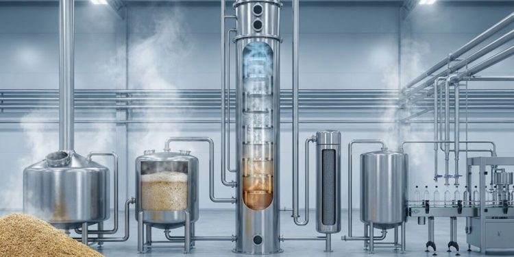 São necessários litros de "vinho de cereal" em uma coluna de 20 metros para gerar a bebida pura que chega à sua garrafa de vodka