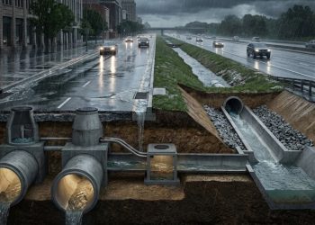 Sistema de drenagem urbana com concreto permeável que controla o escoamento da água da chuva