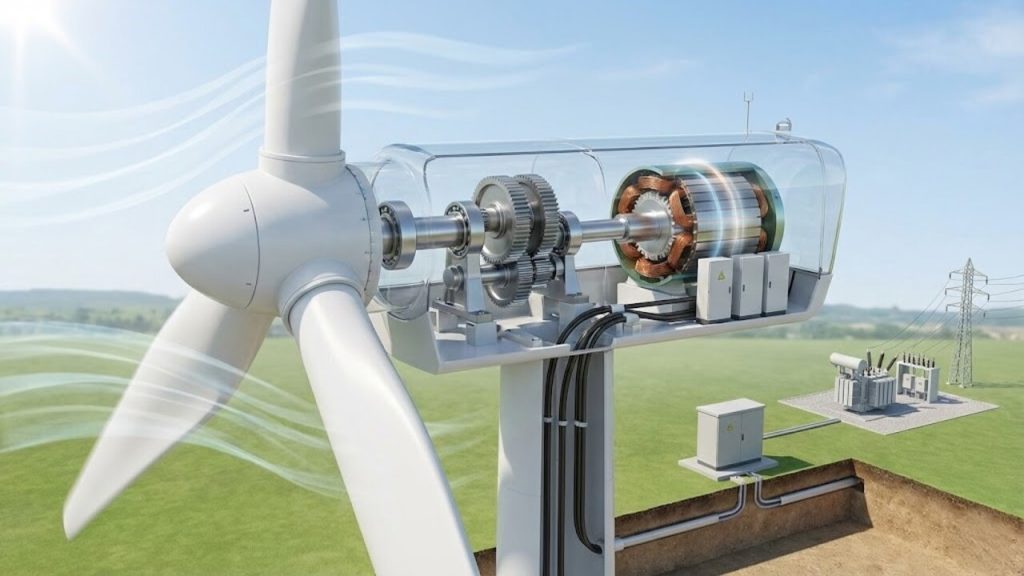 Com pás girando a apenas 20 rpm e geradores a 1.500 rpm, a engenharia simples que transforma vento em eletricidade limpa