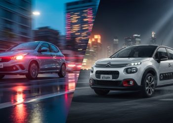 Epic cinematic split-screen with two images side by side, dramatic visual impact representing the battle of affordable automatic cars in 2026. LEFT IMAGE: Fiat Argo Drive CVT shot from a low-angle perspective, speeding through a neon-lit city at dusk, motion blur, lens flares, reflections on wet asphalt, intense contrast. RIGHT IMAGE: Citroën C3 automatic in a powerful stance, SUV-inspired look, glowing city lights, god rays, saturated colors, high contrast, dynamic composition like a movie poster, competitive and energetic mood, 8k resolution, ultra-detailed, masterpiece, sharp focus, no text, no watermark, no words