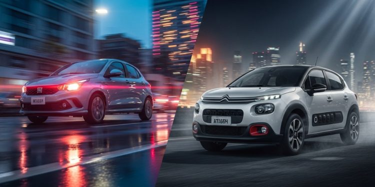 Epic cinematic split-screen with two images side by side, dramatic visual impact representing the battle of affordable automatic cars in 2026. LEFT IMAGE: Fiat Argo Drive CVT shot from a low-angle perspective, speeding through a neon-lit city at dusk, motion blur, lens flares, reflections on wet asphalt, intense contrast. RIGHT IMAGE: Citroën C3 automatic in a powerful stance, SUV-inspired look, glowing city lights, god rays, saturated colors, high contrast, dynamic composition like a movie poster, competitive and energetic mood, 8k resolution, ultra-detailed, masterpiece, sharp focus, no text, no watermark, no words