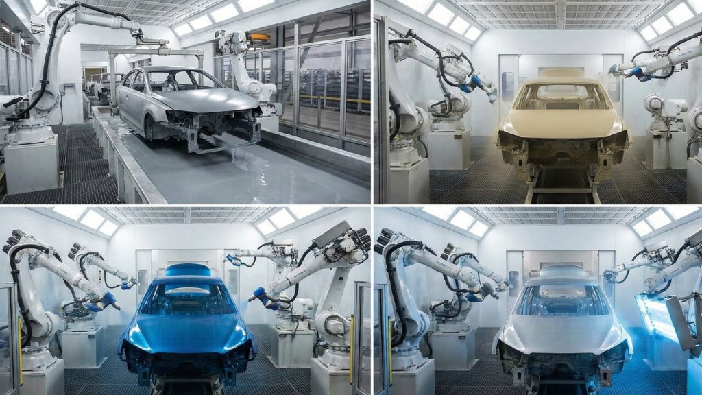 Com braços robóticos de alta precisão e múltiplas camadas de tinta, a indústria garante uma pintura perfeita e duradoura