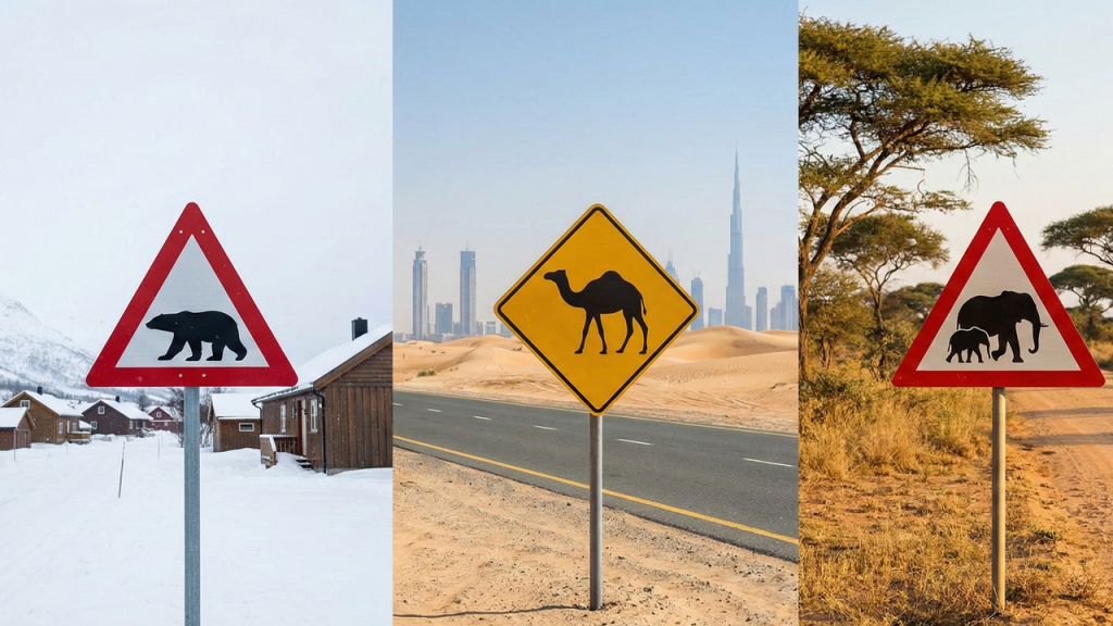 Avisos rodoviários pouco vistos que alertam para riscos fora do padrão urbano