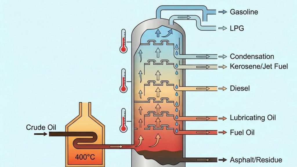 Com torres de destilação a 400°C, a engenharia separa o petróleo em gasolina, diesel e querosene