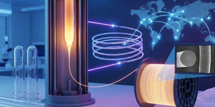 Com vidro derretido a 2.000°C e puxado em alta velocidade, a engenharia cria os fios de fibra óptica que conectam o mundo