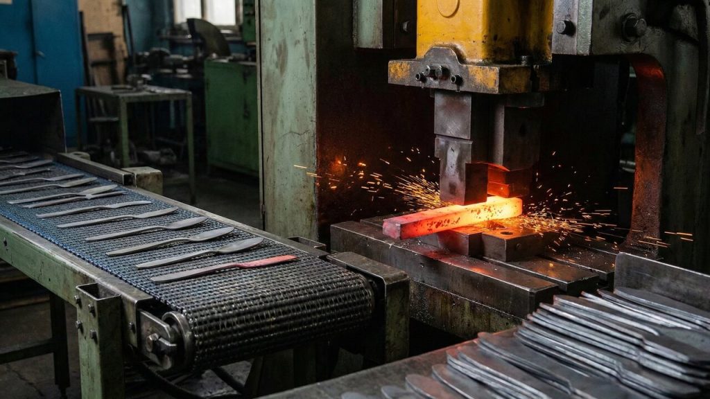 Com chapas de aço aquecidas e uma prensa de 500 toneladas, é assim que a indústria corta e molda os talheres de inox que duram décadas na cozinha
