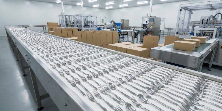 Com chapas de aço aquecidas e uma prensa de 500 toneladas, é assim que a indústria corta e molda os talheres de inox que duram décadas na cozinha