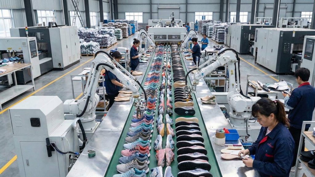 Com solados de espuma EVA comprimida e testes de tração de 500 kg, a indústria fabrica tênis de corrida com amortecimento de alta performance