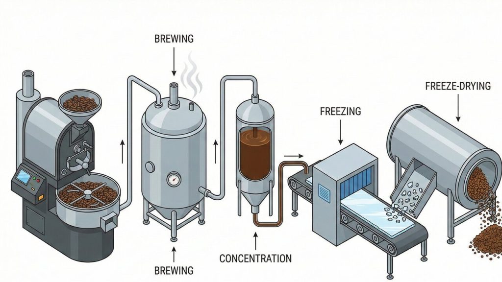 Com o congelamento a menos 50 graus no vácuo ou jatos de ar quente, é assim que a indústria transforma o grão moído no café solúvel que você bebe