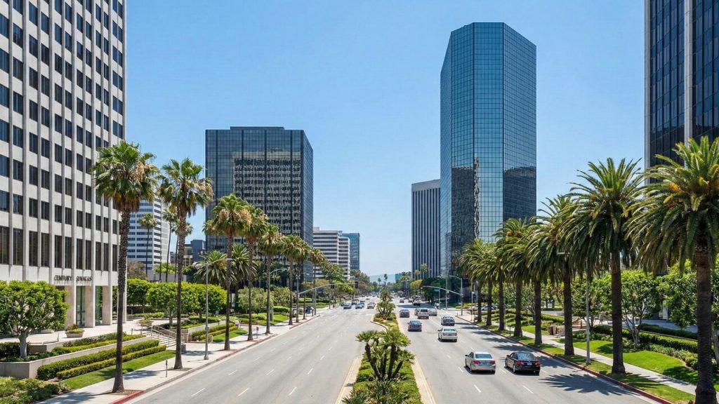 Avenida de Los Angeles ganha fama com seus arranha-céus e estúdios; a Avenue of the Stars é o coração financeiro de Century City com pistas largas