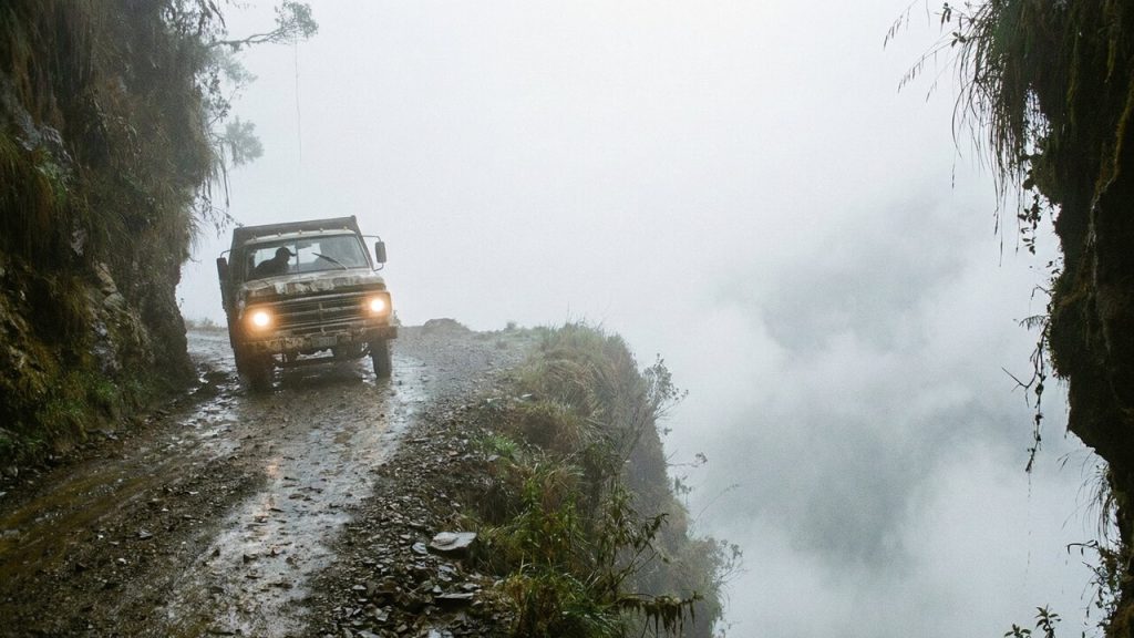 Estrada na Bolívia vira teste de coragem; sem guardrails e com neblina, a "Estrada da Morte" tem penhascos de 600 metros de altura