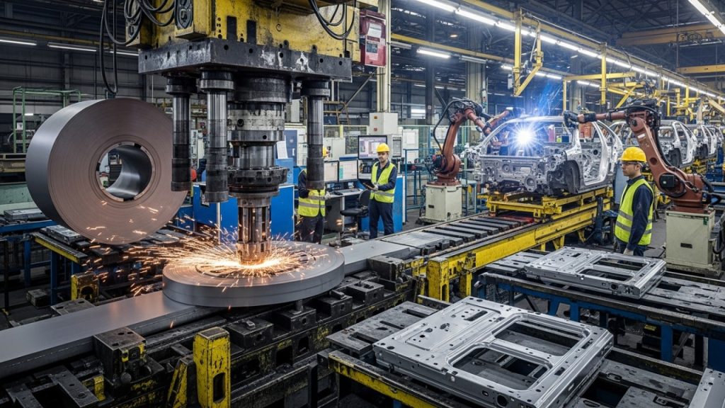 Com prensagem hidráulica de milhares de toneladas, chapas de aço ganham a forma das carrocerias modernas