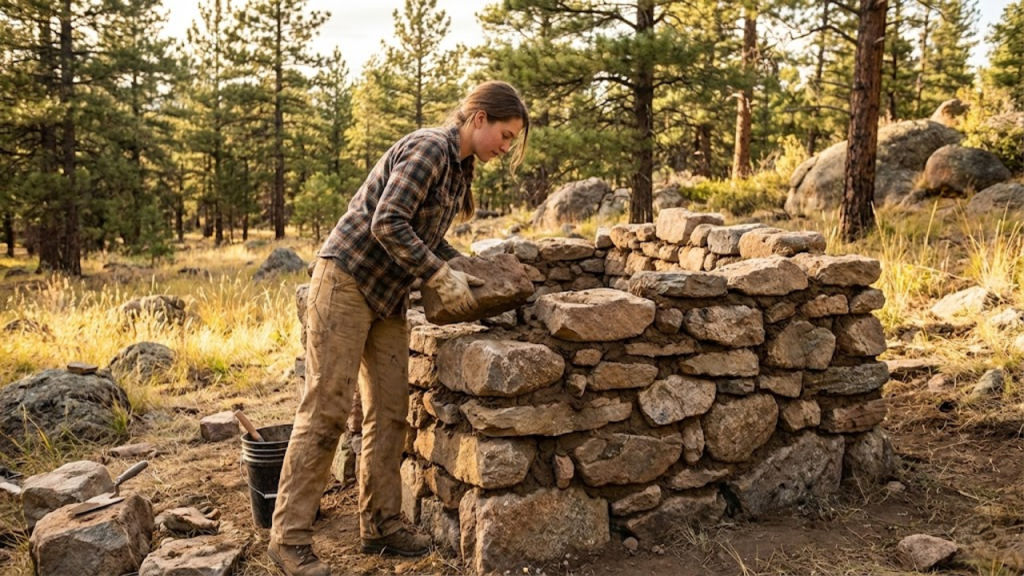 Jovem sozinha, constrói casa na natureza utilizando pedras