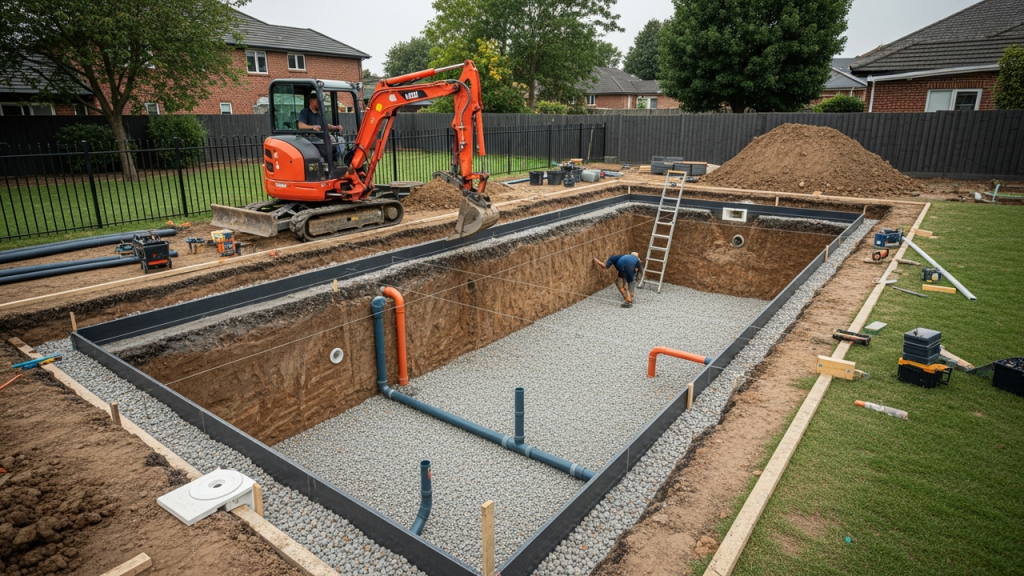 Piscina construída no quintal residencial com acabamento de alto padrão e visual sofisticado