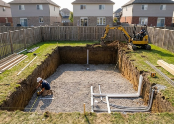 Piscina construída no quintal residencial com acabamento de alto padrão e visual sofisticado