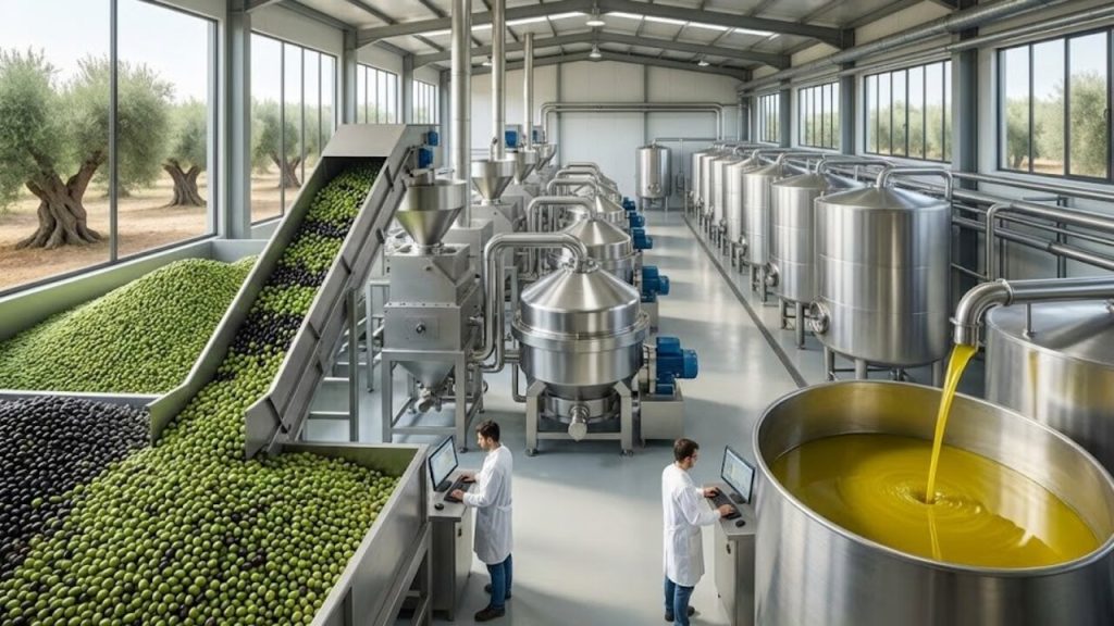 Com toneladas de azeitonas e uma prensagem a frio, a indústria extrai o azeite mais puro por centrifugação