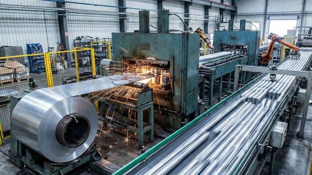 Com 2.000 unidades por minuto, um disco de alumínio é estirado e transformado na lata que chega até você