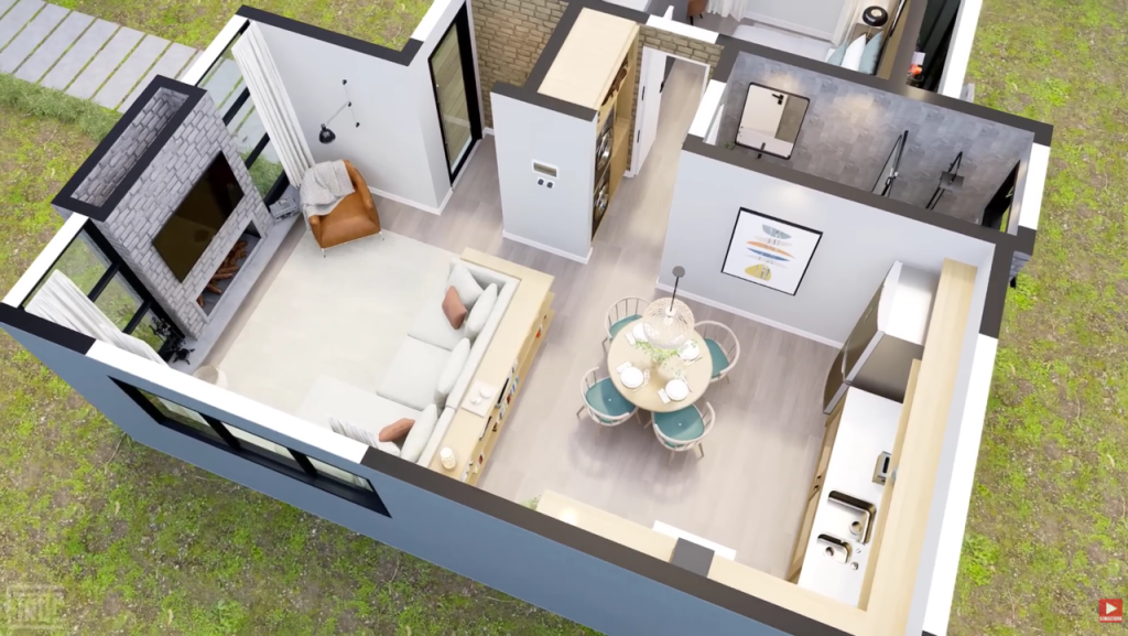 Residência de 90 metros quadrados com sala e cozinha integradas, grandes janelas e deck em área rural