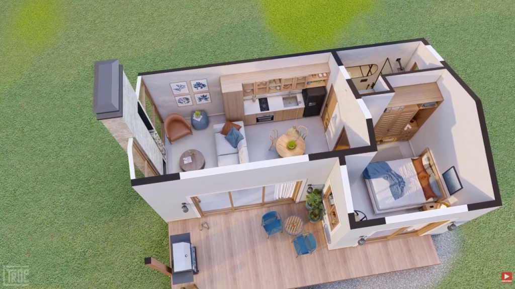 Casa pequena de 45 metros quadrados com cozinha integrada, iluminação natural e móveis planejados do início ao fim