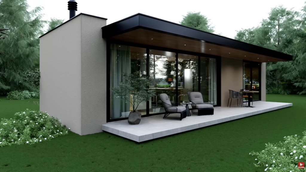 Casa compacta com estrutura de madeira clara, layout aberto e painéis de vidro para vistas panorâmicas