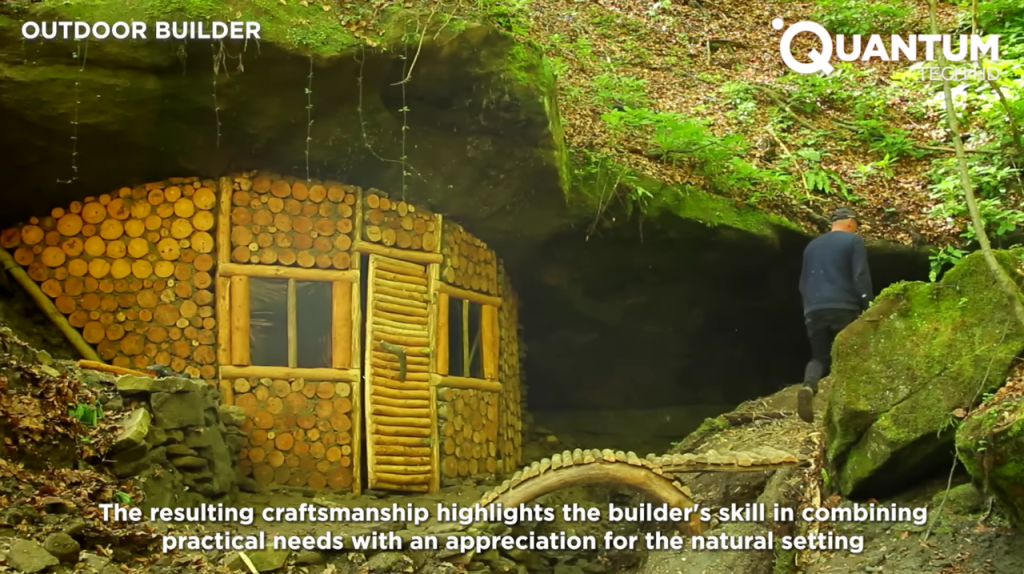 Sozinho, ele construiu uma casa sob uma rocha usando apenas troncos, pedras e técnicas antigas