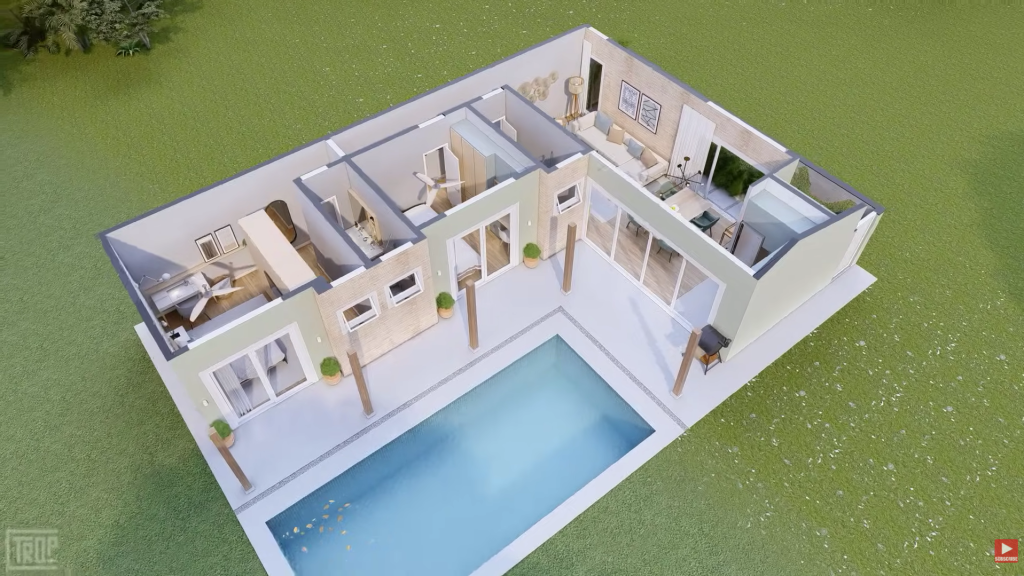 Casa de campo em L com pátio central, 2 quartos, sala integrada e conexão total com a natureza