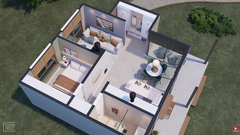 Casa compacta e elegante de 55 metros quadrados com ambientes integrados e pátio funcional para pequenas famílias