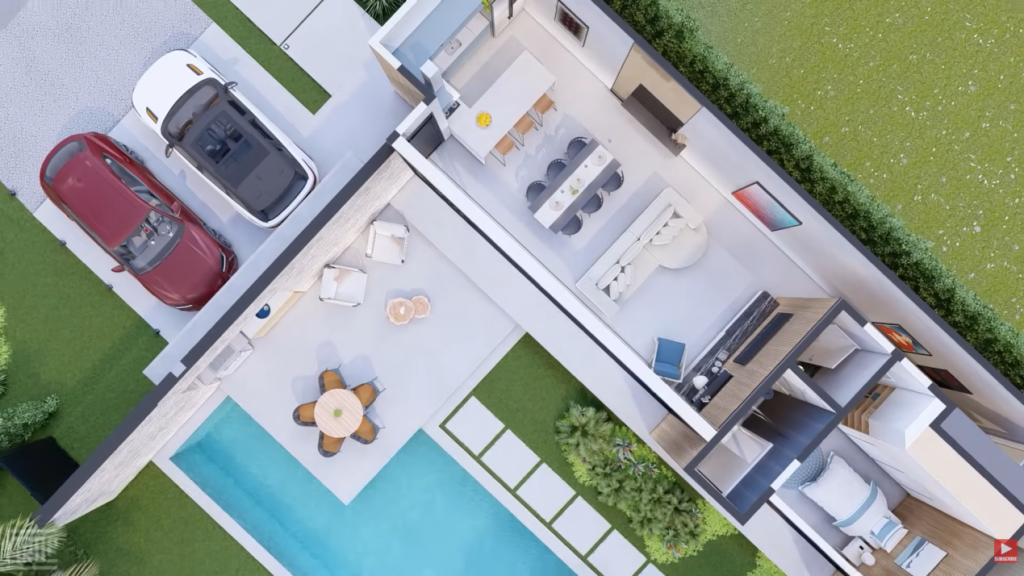 Casa térrea com varanda conectando sala e cozinha, piscina e paisagismo simples funcional