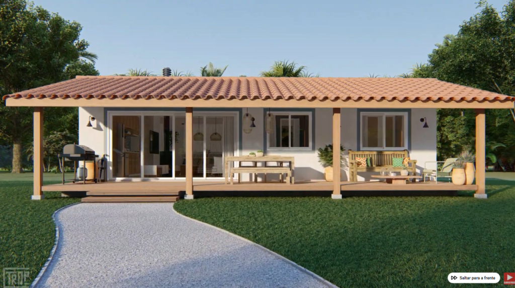 Casa de campo aconchegante com varanda frontal, lareira central e integração total à natureza