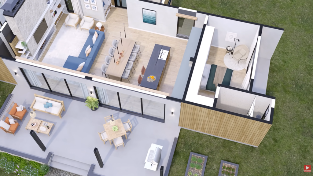 Projeto funcional de casa de campo com 2 quartos, lareira e integração perfeita entre interior e exterior