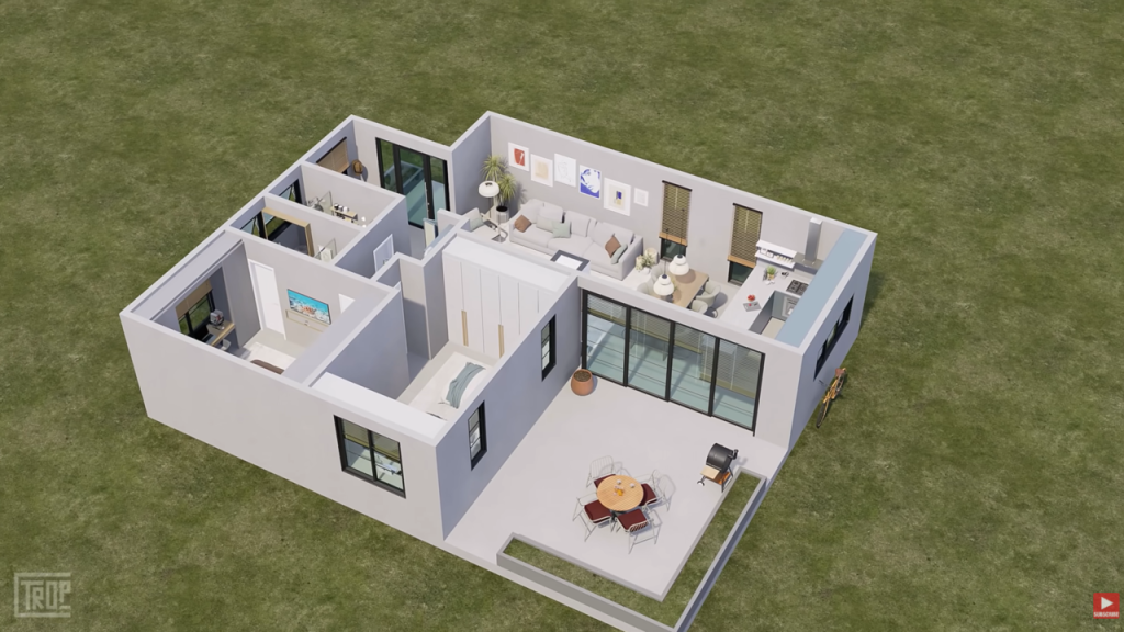 Casa de campo em L com 2 quartos, varanda com deck e ambientes integrados para conforto e lazer