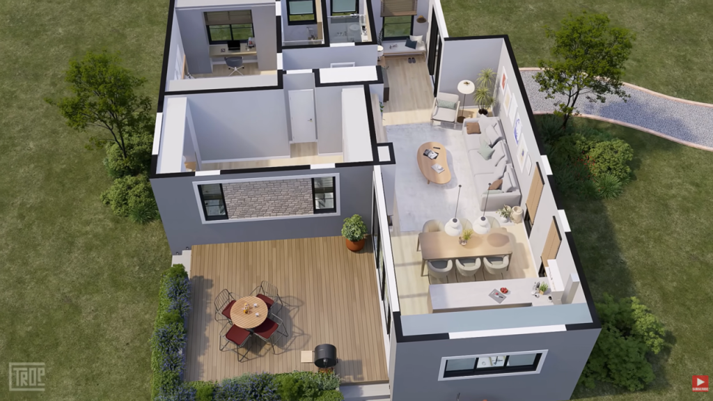 Casa de campo em L com 2 quartos une conforto, integração com a natureza e praticidade