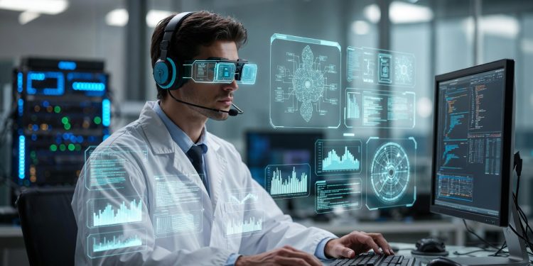 Profissional de tecnologia analisa fluxos de redes neurais em monitor de alta resolução