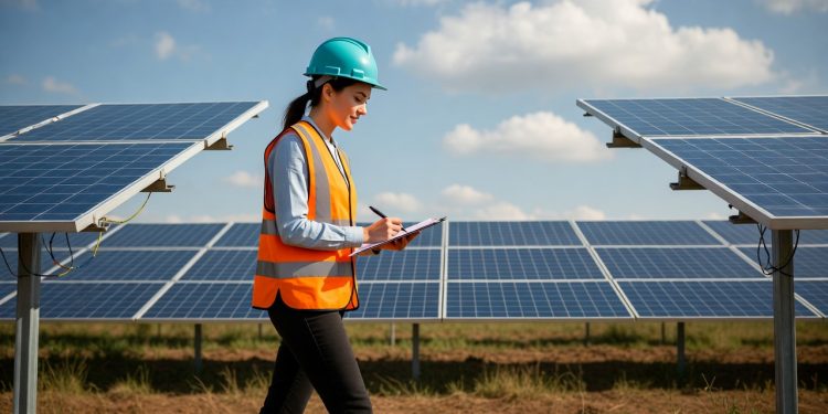 Técnico instalador fixando painéis fotovoltaicos em telhado ensolarado