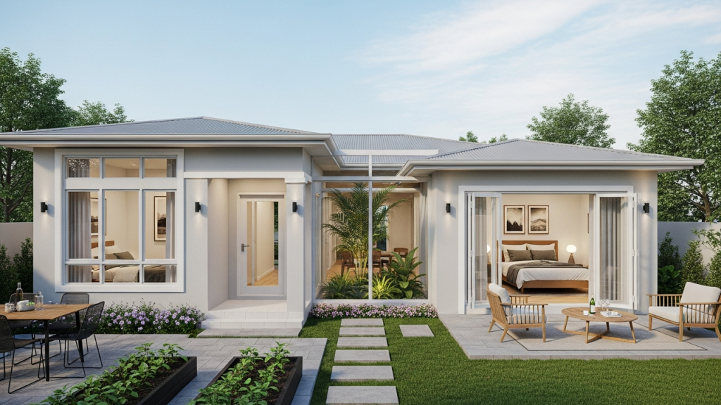 Casa térrea compacta com 2 dormitórios, jardim interno e quintal funcional para terrenos estreitos