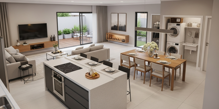 Projeto de casa térrea 100 metros quadrados com cozinha americana, área de serviço e integração de ambientes modernos