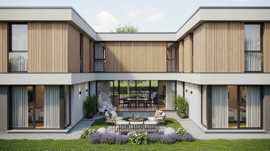 115 metros quadrados de funcionalidade: casa em U com 3 dormitórios, circulação fluida e lazer protegido no pátio