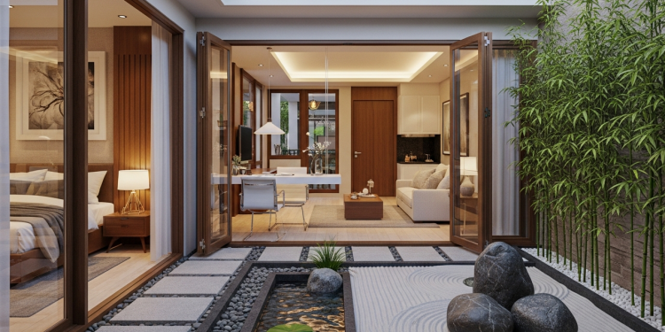 Planta de casa térrea 78 metros quadrados com 1 suíte, escritório integrado e pátio zen garante conforto sensorial