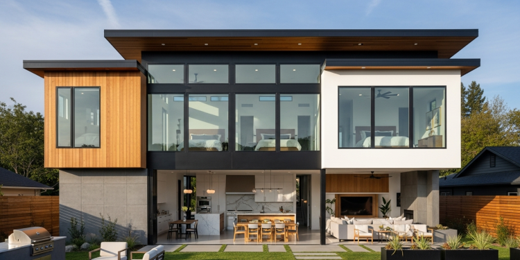 Residência contemporânea com 3 dormitórios, área social integrada e quintal funcional amplo