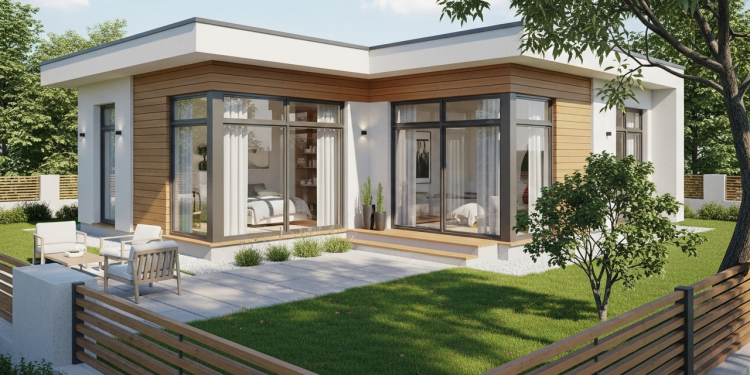 Casa térrea em L de 112 metros quadrados com quintal lateral protegido e design moderno ideal para famílias pequenas